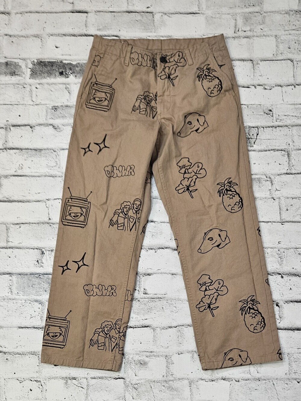 Zara Printed Carpenter Pants Tan Graphic Wide Leg Pants Size 31